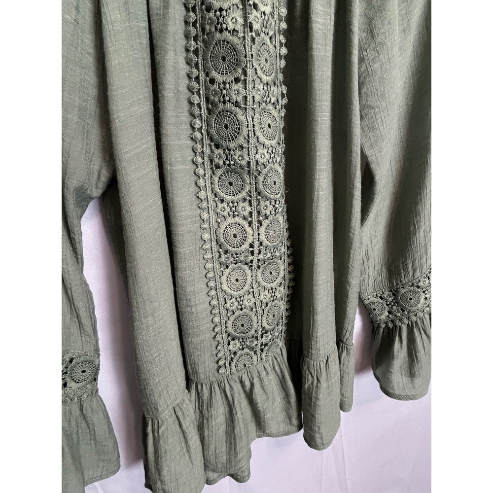 Retrology Sage Green Crochet Lace Peasant Blouse Ruffle Bell Sleeve Boho Top - Picture 8 of 9